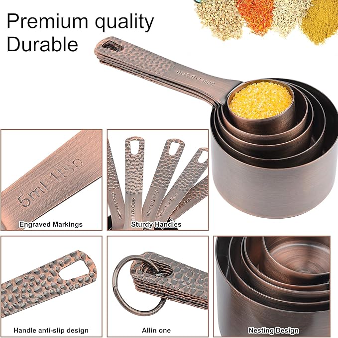 Copper Measuring Cups and Spoons Set, Stainless Steel Measuring Tools Set for Baking & Kitchen, Metric & US 4 Copper Plated MeasureCups and 5 Measure Spoons with Leveler for Wet & Dry