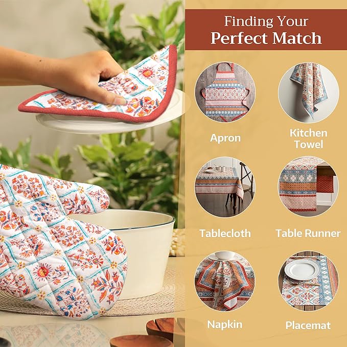 Maison d' Hermine Oven Gloves 100% Cotton Oven Mitt 7" x 13" with Loop Heat Resistant, BBQ, Cooking Gloves, Baking, Grilling, Kitchen, Handling Hot Pans (Pack of 1, Romane)