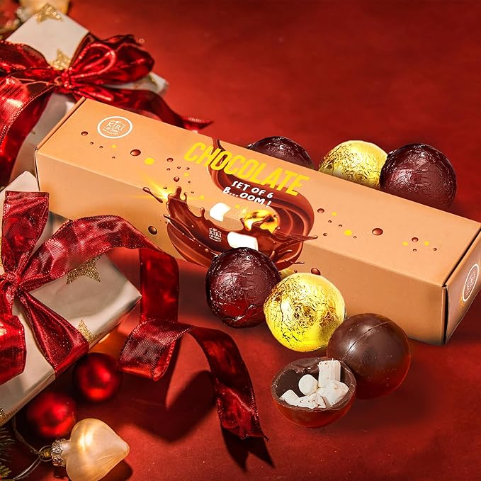 Hot Chocolate Boms Marshmallow Balls - Set of 6 - Delicious Cocoa Melts Bom Filled Marshmallows - 2 Flavors Caramel & Fudge Brownie Candy - Classic Milk Chocolates Cocoa Melt Gift - Delicious Gifts