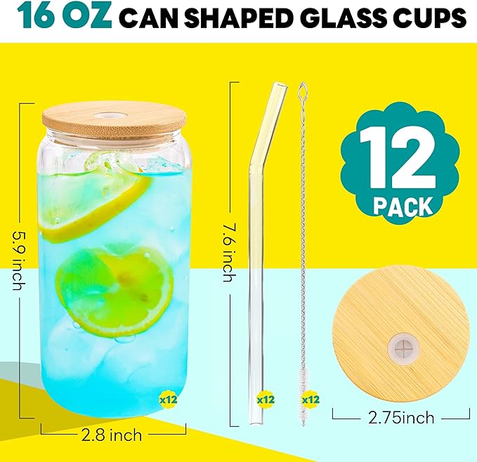 Joyclub Glass Cups with Bamboo Lids and Straws 12 Set 16 oz Reusable Iced Coffee Cup Beer Can Drinking Jars for Smoothie Whiskey Boba Soda Tea Gift