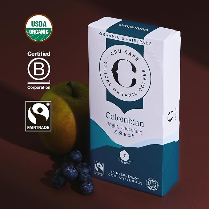 Cru Kafe Colombian USDA Organic Espresso Coffee Capsules (10 Pods) Fairtrade Coffee Pods Compatible with Nespresso Original Line and Pixie Machines