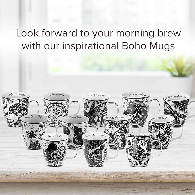 Karma Ceramic Black and White Boho Mug, 1 Count (Pack of 1), Elephant , 16 oz