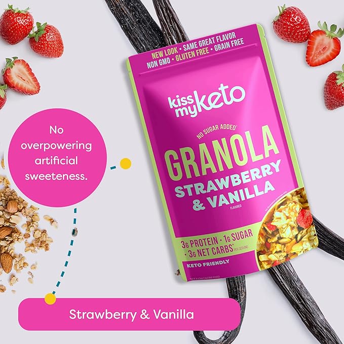 Kiss My Keto Sugar Free Granola, Strawberry Vanilla 1-Pack – Curb Cravings with Few Net Carbs – Allulose Sweetened, Resealable & Gluten-Free Crunchy Clusters – Grain Free Granola Great With Yogurt or Milk