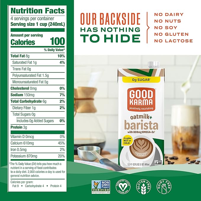 Good Karma Unsweetened Oatmilk + Barista Blend, 32 Ounce (Pack of 6), 800mg Omega -3s, Plant-Based Non-Dairy Milk Creamer Alternative with Oats, Flax and Peas, Lactose Free, Vegan, Shelf Stable