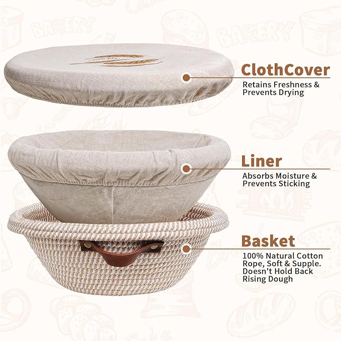 12 Inch Large Cotton Rope Banneton Bread Proofing Basket Set, 2 Pack Round Sourdough Bread Baking Supplies with Liners & Covers for Artisan Bread Baking