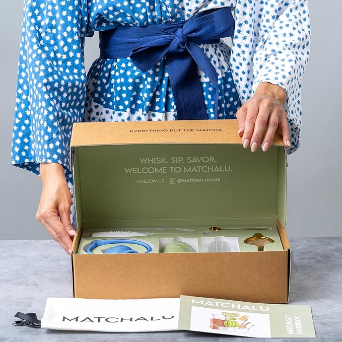 Premium 9 Piece Matcha Set Includes Ceramic Matcha Bowl, Bamboo Whisk & Holder, Stainless Steel Spoon & Sifter, Glass Cup & Straw, Electric Frother, Storage Bag - Gift for Matcha Lovers (Blue)