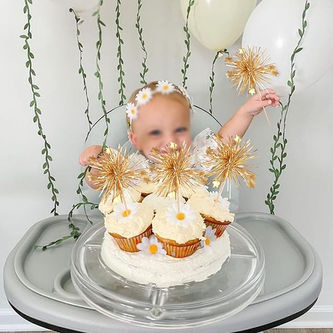 30 PCS Foil Firework Cupcake Toppers Happy Birthday Cake Toppers Star Sparkle Tinsel Flower Drink Stirrers Cocktail Fruit Toothpicks for Valentine's Day Baby Shower Birthday Party Supplies Gold