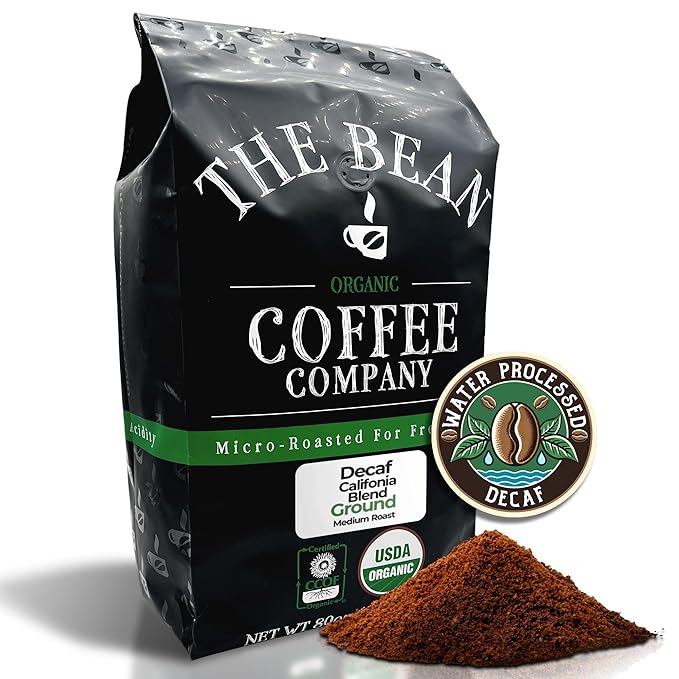 The Bean Organic Coffee Company Water Processed DECAF California Blend, Medium Roast, Ground Coffee, 5-Pound Bad, Café Molido Tostado Orgánico descafeinado