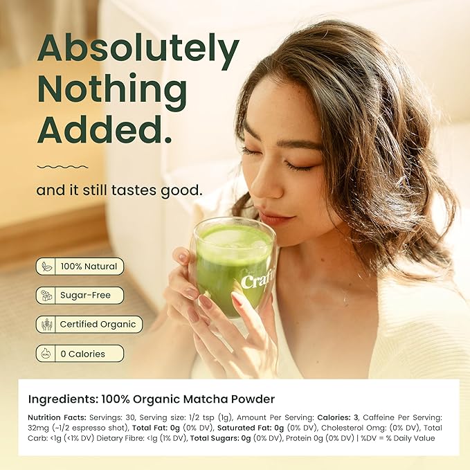 Crafti Ceremonial Grade Matcha Powder (Organic) - Unsweetened Authentic Japanese Daily Matcha Green Tea Powder from Uji, Kyoto for Barista-Grade Lattes (30g / 1oz)
