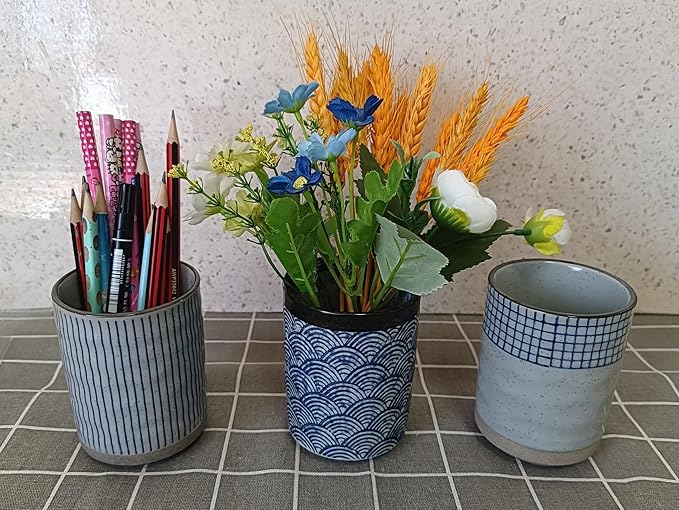Stoneware Coffee Bar Utensil Holder Tea & Coffee Spoon & Stirrer Holder for Stir Stick Straw Teaspoon Holder Spoon Cup Small Utensil Jar (Blue Wave)