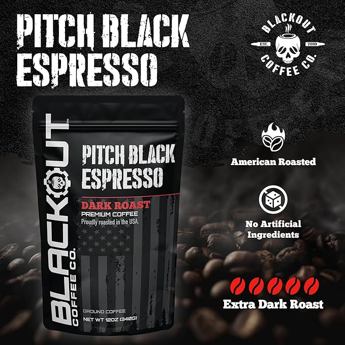 Blackout Coffee Pitch Black Espresso Ground Coffee – Extra Dark Roast, European-Style, Bold & Aromatic – Freshly Roasted 12oz Bag, American Made