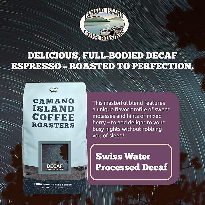 Camano Island Coffee Roasters Decaf Espresso Blend, Ground 2lb, Fresh Dark Roast Swiss Water Processed, USDA Organic, Fairly Traded, Shade Grown Top 1% Arabica, Sweet Molasses, Mixed Berry Flavor