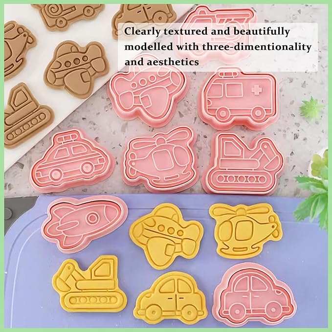 8Piece Vehicle Cookie Cutters Set,3D Transport-Themed Plastic Baking Molds for Cookies, Fondant, Cheese – Includes Plunger Stamp for Embossing (E)