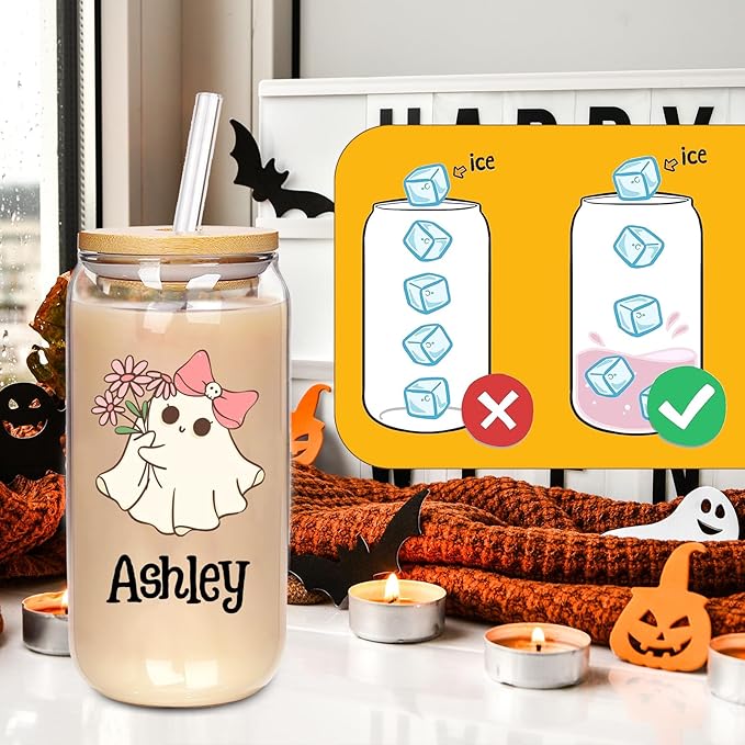 Personalized Halloween Tumbler- Boo Basket Stuffers - Can Shaped Glass with Lids and Straws18OZ -Cute Halloween Gifts for Boys Girls Kids Son Daughter
