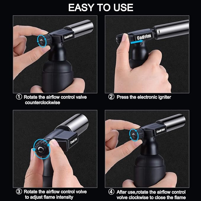 Cadrim Butane Torch, Refillable Pro Culinary Blow Torch Double Fire Cooking Torch and Small Adjustable Flame Kitchen Torch for Creme Brulee, Baking BBQ (Jat black)