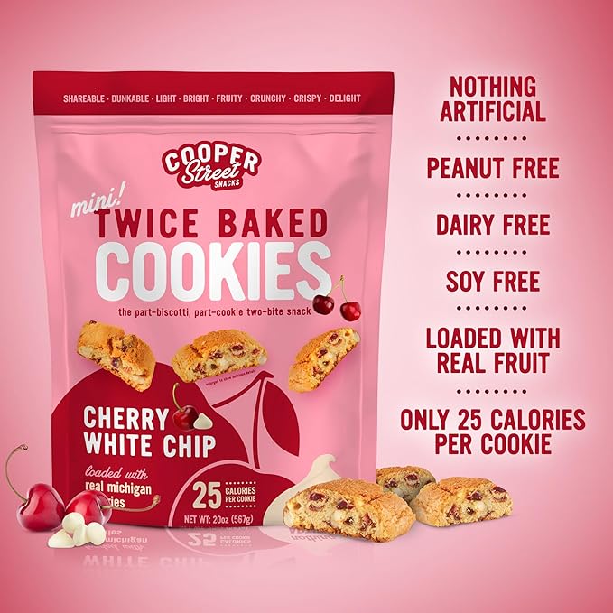 Cooper Street Twice-Baked Cherry White Chip Biscotti Cookies (16 oz Pack of 4) – Over 50 Biscotti Cookies per Bag Loaded with Real Fruit, Traditional Italian Style Snacks - Dairy, Peanut & Soy Free