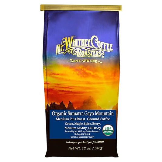Mt. Whitney Organic Gayo Mountain Sumatra, Medium Dark Roast, Low Acid Coffee (Ground, 12 Oz)