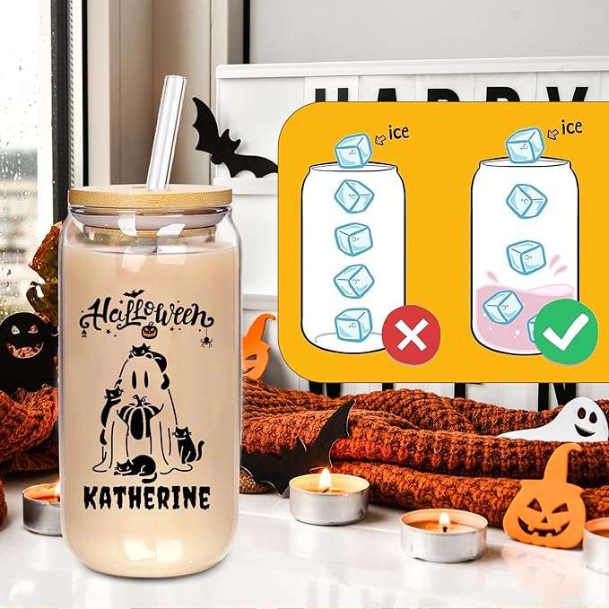 Personalized Halloween Tumbler-Boo Basket Stuffers- Can Shaped Glass with Lids and Straws18OZ -Halloween Gifts for Friend Son Daughter