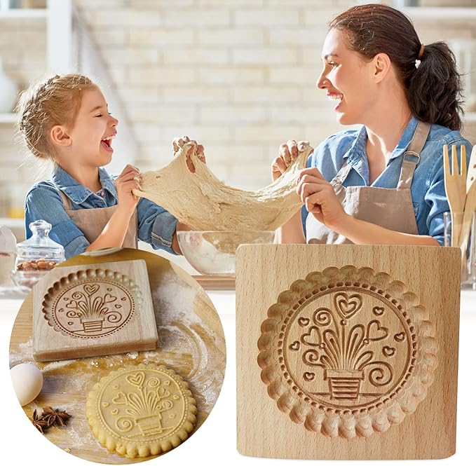 Wooden Cookie Biscuit Mold, 3D Baking Mold, Embossing Craft Decorating Baking Tool, Suitable for Halloween Thanksgiving Christmas Kitchen DIY (Flowerpot 10 * 10 * 2)