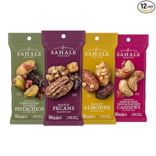 Sahale Snacks Glazed Mix Nut Blend Variety Pack, 1.5 Oz Grab & Go Bags (12 Total Packs) - Four Different Dry-Roasted Deluxe Mixed Nuts Blends Included - Non-GMO Kosher & Certified Gluten-Free Snacks