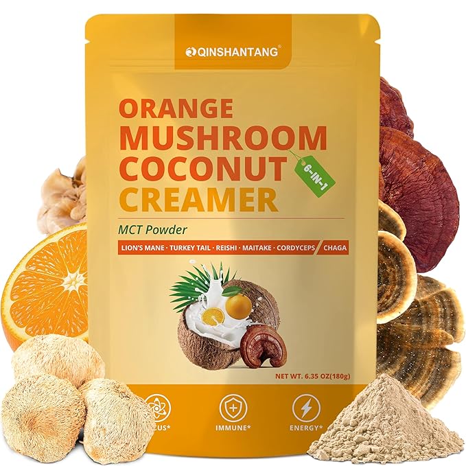 Mushroom Coffee Creamer, Orange Flavored, Probiotics, MCT Powder and 6 Mushrooms | Lion's Mane, Turkey Tail, Reishi, Maitake, Chaga, Cordyceps | Boosts Energy, Focus, Supports Immunity | Gluten-Free, Vegan, 6.35 Oz