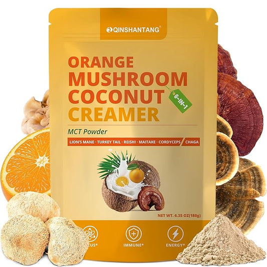 Mushroom Coffee Creamer, Orange Flavored, Probiotics, MCT Powder and 6 Mushrooms | Lion's Mane, Turkey Tail, Reishi, Maitake, Chaga, Cordyceps | Boosts Energy, Focus, Supports Immunity | Gluten-Free, Vegan, 6.35 Oz