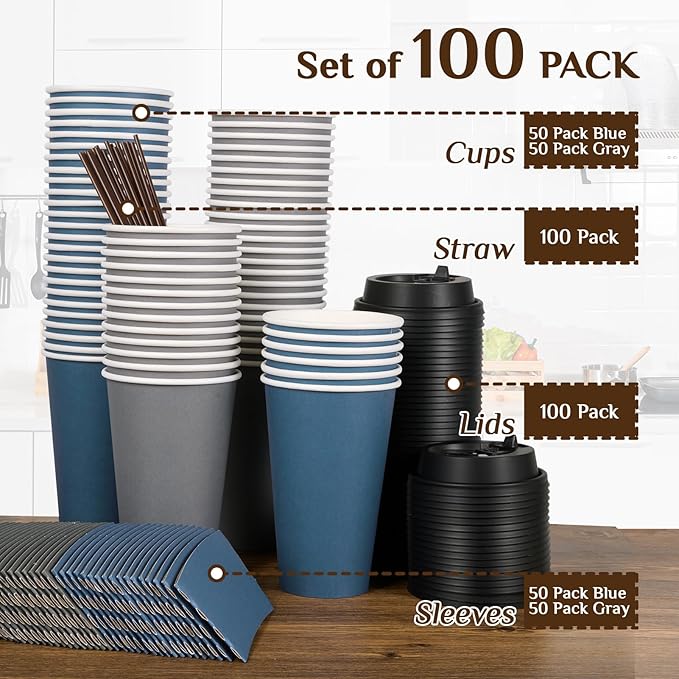 LITOPAK 100 Pack 16 oz Disposable Paper Coffee Cups with Lids, Sleeves and Stirring Sticks for Hot Coffee, Water or Juice, Blue and Gray Hot Paper Cups for Cafes, schools, offices, shops