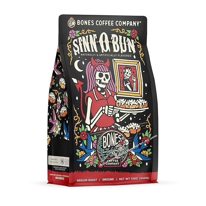 Bones Coffee Company Cinnamon Roll Flavored Coffee, Medium Roast Low Acid Arabica Beans Compatible with Auto drip and French Press Coffee Maker, 12 Oz Ground