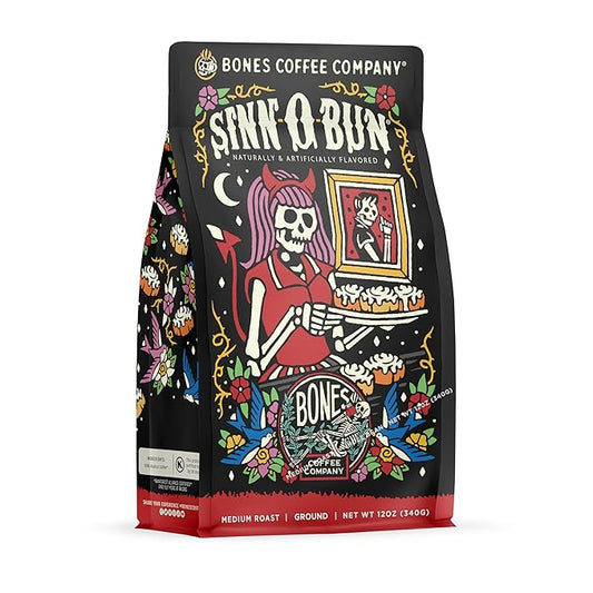Bones Coffee Company Cinnamon Roll Flavored Coffee, Medium Roast Low Acid Arabica Beans Compatible with Auto drip and French Press Coffee Maker, 12 Oz Ground