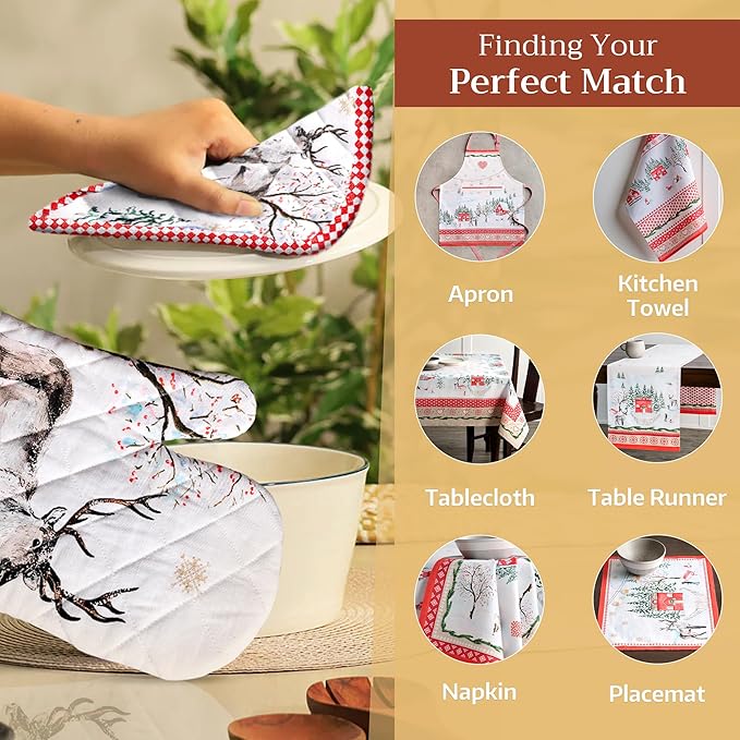 Maison d' Hermine Oven Gloves 100% Cotton Oven Mitt 7" x 13" with Loop Heat Resistant, BBQ, Cooking Gloves, Baking, Grilling, Kitchen, Handling Hot Pans (Pack of 1, Rural Christmas)