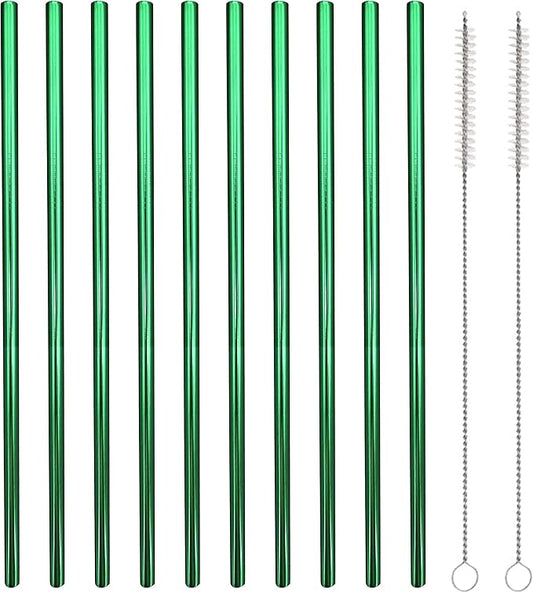 10 Pcs Stainless Steel Straws, Reusable Drinking Straws, Straight Metal Straw Sets with 2 Pcs Cleaning Brushes (8.5 Inch, Green)
