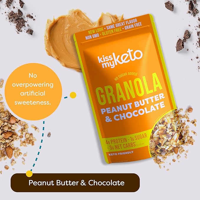 Kiss My Keto Sugar Free Granola, Peanut Butter Chocolate 2-Pack – Curb Cravings with Few Net Carbs – Allulose Sweetened, Resealable & Gluten-Free Crunchy Clusters – Grain Free Granola Great With Yogurt or Milk