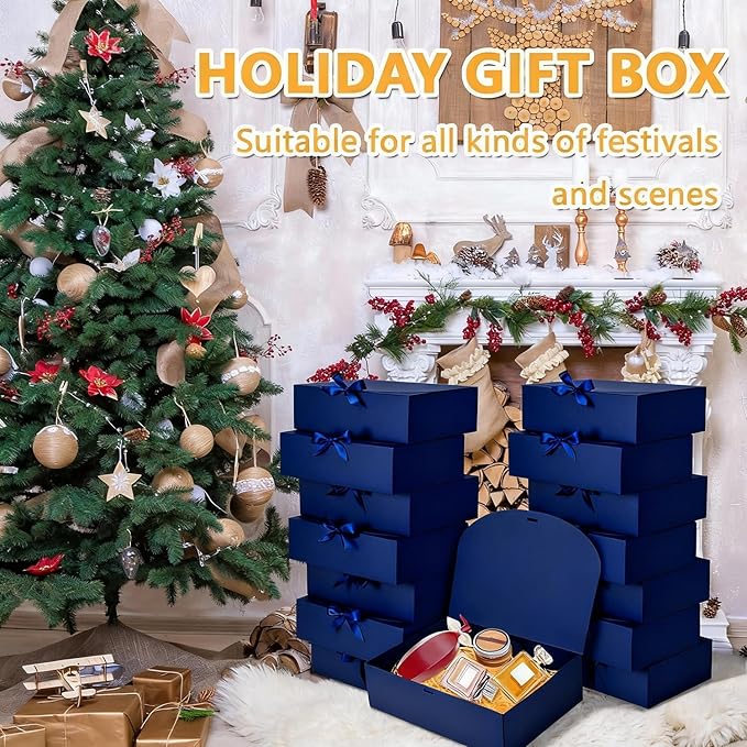 15Pack Gift Boxes with Lids, 10.6x7.8x3.1 Inches Bridesmaid Proposal Box with Ribbon, Navy Gift Boxes for Presents,Kraft Paper Boxes for Wedding Christmas Birthday Baby Shower Party
