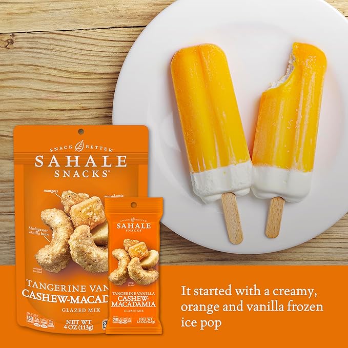 Sahale Snacks Tangerine Vanilla Cashew-Macadamia Glazed Mix,1.5 oz Grab & Go Bags(18 Packs)Dry-Roasted Deluxe Mixed Nuts with Mangoes & Madagascar Vanilla-Non-GMO,Kosher,& Certified Gluten Free Snacks