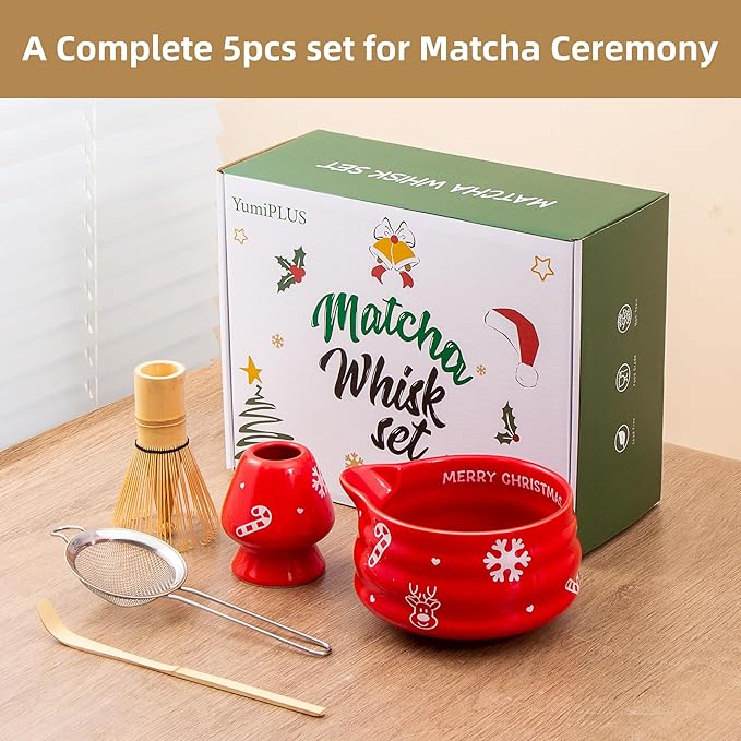 5pcs Premium Matcha Set,Ceramic Bowl with Spout and Bamboo Whisk set, Ceremonical Matcha Kit for breakfast/latte,Tea Starter Making Kit,Christmas Matcha Gift set (Reindeer Red)