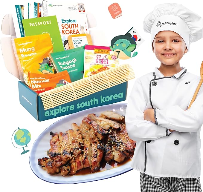 eat2explore Cooking Kits for Kids – Interactive & Educational Kids Cooking Sets Real for Ages 5 and Up,3 Recipe Cards & Global Ingredients – Fun Gift for Young Chefs (South Korea Edition)
