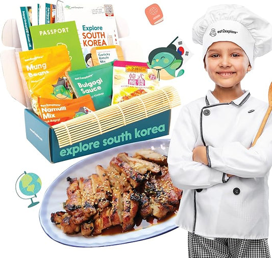 eat2explore Cooking Kits for Kids – Interactive & Educational Kids Cooking Sets Real for Ages 5 and Up,3 Recipe Cards & Global Ingredients – Fun Gift for Young Chefs (South Korea Edition)