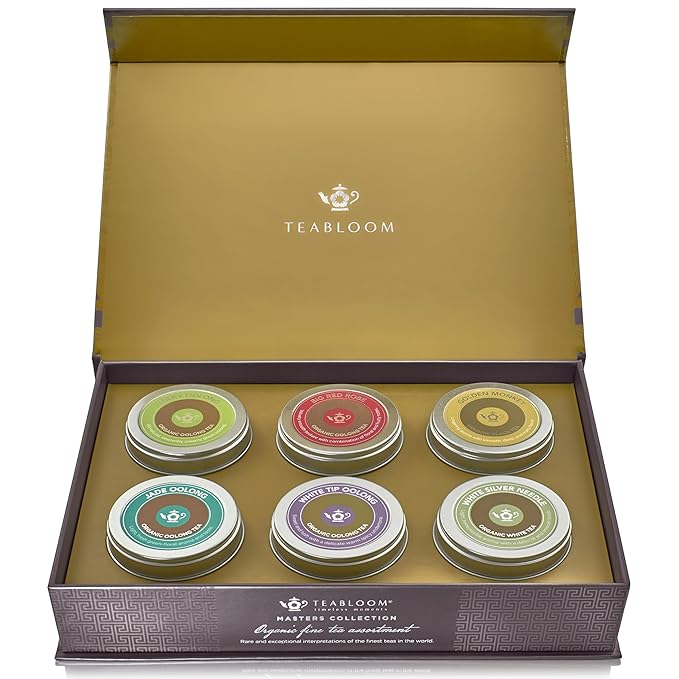Teabloom Masters Collection - Six Rare Single-Origin Organic Loose Leaf Teas - Milky Oolong, White Silver Needle, Big Red Robe, Golden Monkey, Jade and White Tip Oolong
