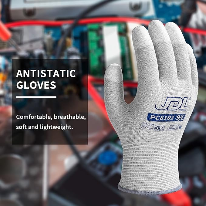 JDL ESD Work Gloves, Anti-Static Gloves for PC Building, 12 pairs, Computer Installation & Repair, High Resistance Carbon Fiber Gloves, Large