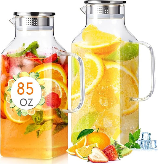 Honeydak 2 Pack 2.5 Liters 85 oz Square Glass Pitcher with Lid and Handle, Glass Water Jars Carafe Jug for Hot/Cold Drinks, Tea, Beverages, Parties and Picnics