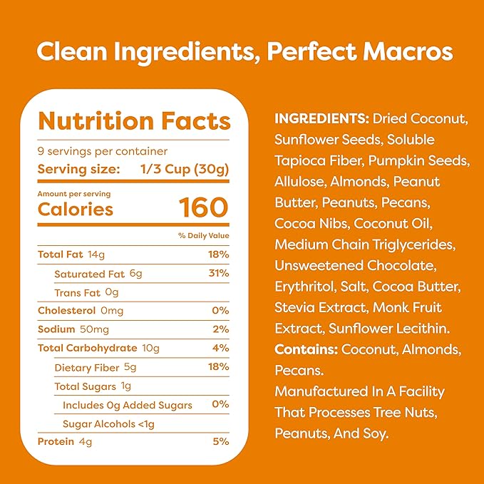 Kiss My Keto Sugar Free Granola, Peanut Butter Chocolate 4-Pack – Curb Cravings with Few Net Carbs – Allulose Sweetened, Resealable & Gluten-Free Crunchy Clusters – Grain Free Granola Great With Yogurt or Milk