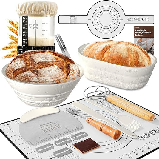 Sourdough Starter Kit with Jar – Complete Sourdough Bread Baking Supplies for Beginners, Includes 2 Silicone Proofing Baskets Baking Mat Sour Dough Kit - White