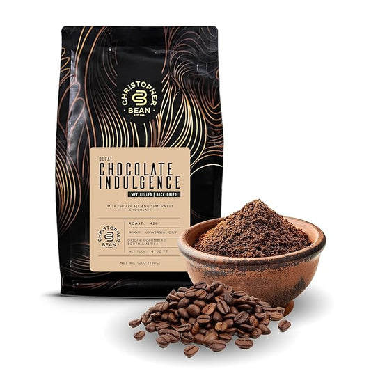 Christopher Bean Coffee - Certified Kosher - Decaf Ground Universal Drip Chocolate Indulgence Flavored Coffee| coffee beans with Medium Roast 100% Arabica, No Sugar, No Fats, Non-GMO | 10 - Ounce Bag