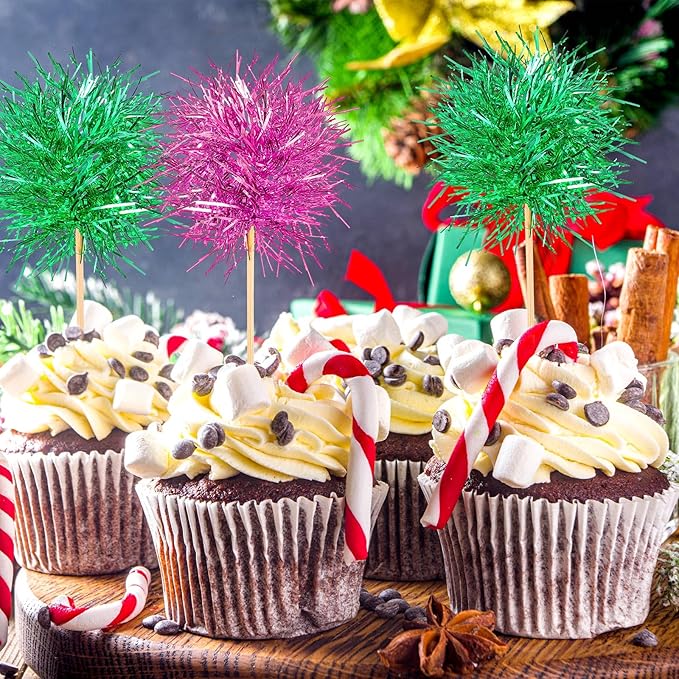 Chinco 100 Pcs Foil Firework Cupcake Toppers Sparkle Tinsel Cake Toppers Cake Decoration Cocktail Fruit Toothpick for Birthday Wedding Graduation Party(Pink, Gold)