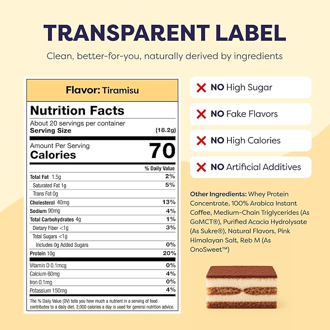 Tiramisu Protein Iced Coffee - Premium Whey Protein & Instant Iced Coffees - 100% Natural Cold Brew Coffee - Zero Artificial Flavors & Sweeteners, 80 mg Caffeine Per Serving, 0g of Sugar, 20 Servings