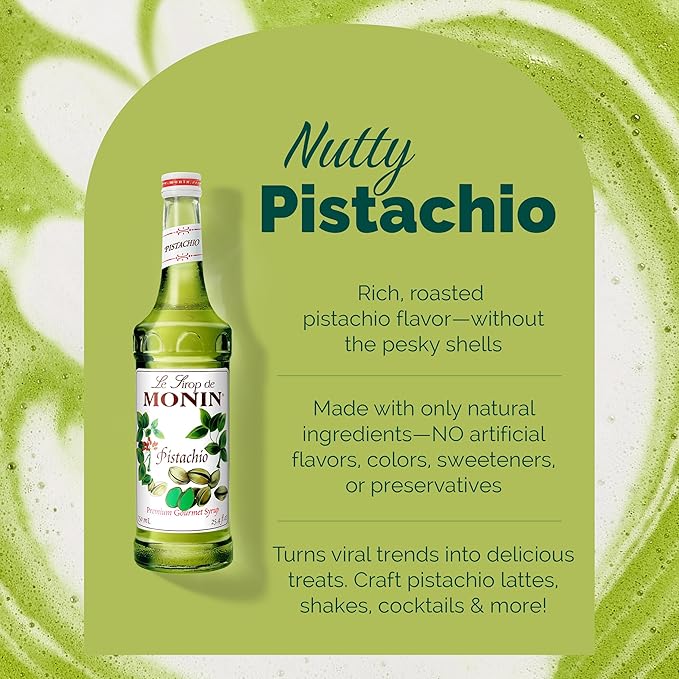 Monin - Pistachio Syrup, Rich and Roasted Pistachio Flavor, Great for Lattes, Mochas, and Dessert Cocktails, Non-GMO, Gluten-Free (750 ml)