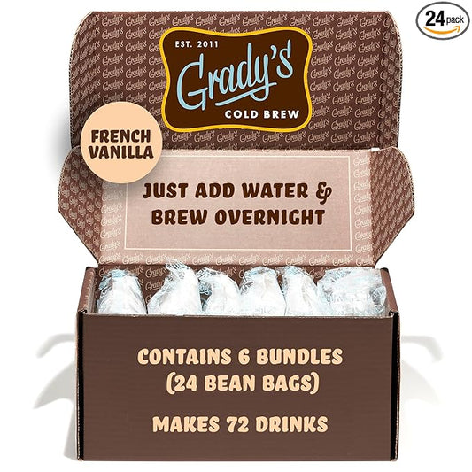 GRADY’S COLD BREW, French Vanilla, 100% Arabica Ground Coffee & Chicory Pouches | SIX Bundles of 4 Easy-to-Brew Bean Bags, Makes 72 drinks