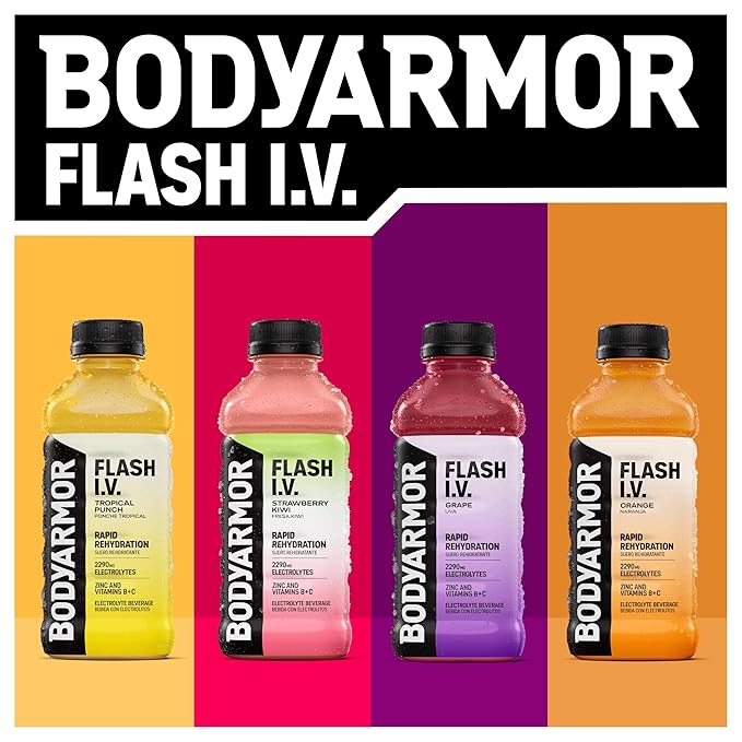 BODYARMOR Flash I.V. Electrolyte Beverage, Grape, Hydration Drink with Coconut Water For Rapid Rehydration, Post Workout Recovery, 20 Fl Oz (Pack of 12)