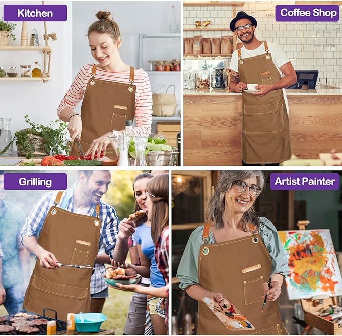 Genixart 6 Bulk Pack Chef Apron for Men Women with Pockets, Cross Back Apron for Kitchen Cooking Baking Artist Painting, Cotton Canvas Work Aprons for Restaurant, Cafe Shop, Garden (Brown, M to XXL)