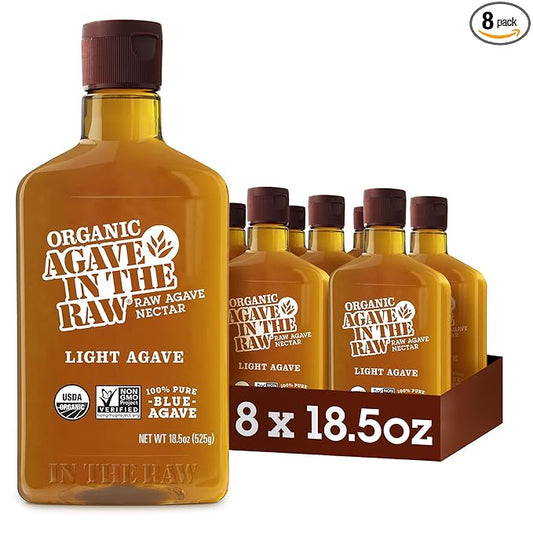 Organic Agave In The Raw Agave Nectar, 18.5 oz., 8 Pack, Made With Organic Blue Agave From Mexico, USDA Organic, Non-GMO Project Verified, Kosher Vegan and Low Glycemic Index